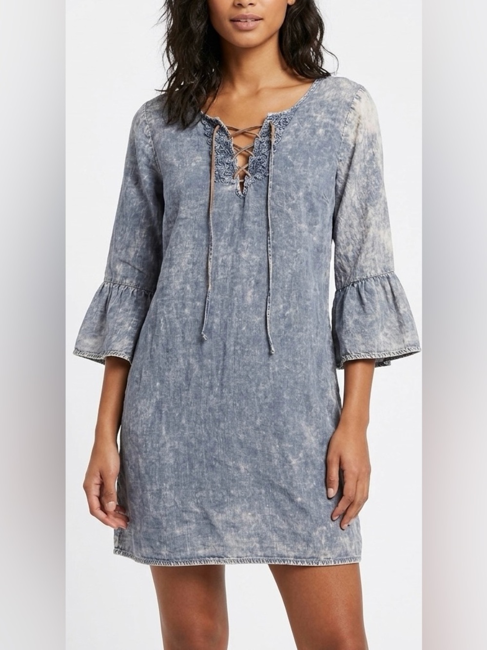 Kori Washed Denim Blue Lace-Up Bell Sleeve Mini Dress